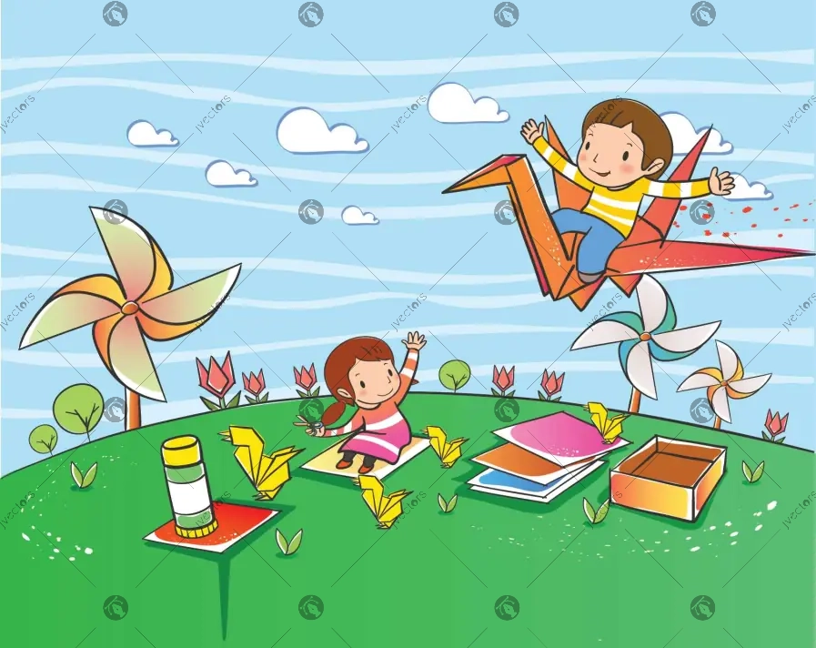 Cute baby playing in park in background windmill and pin wheel is working vector kids illustration