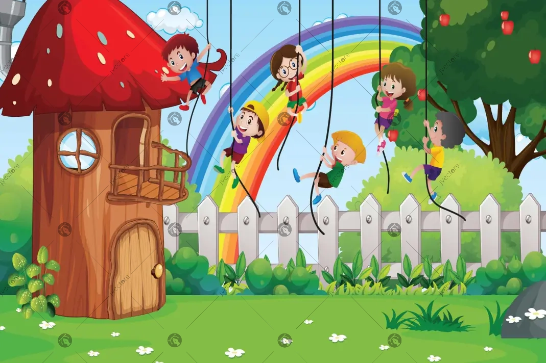 Three kids on swings in the woods