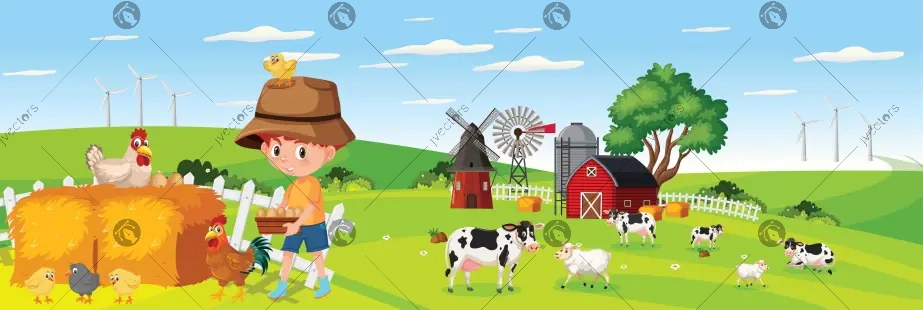 Cute boy in nature farm horizontal landscape scene at day time