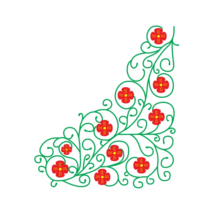 Flower Leaf Alpona Red & Green Color Invitation Card Design And Ceramic Floral Vector