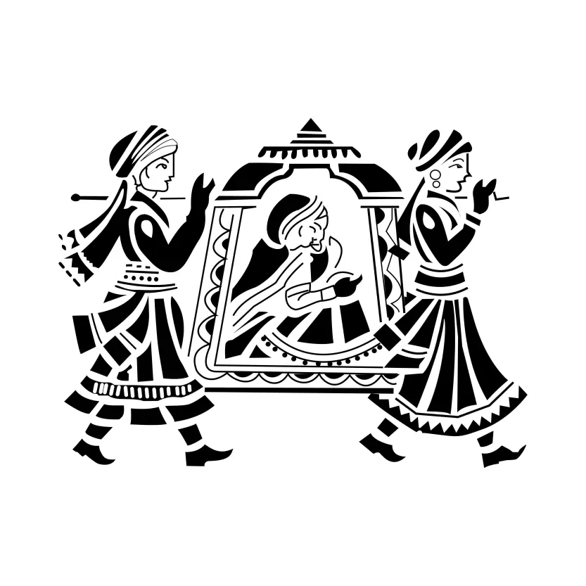 Indian wedding symbol bride and palki vector. Indian wedding palki and two men and bride vector illustration black and white. Indian Mughal Palki clip art illustration