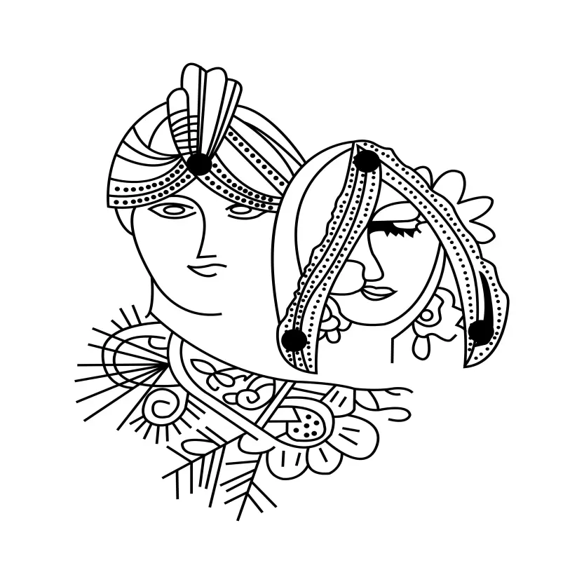 A Indian wedding clip art bride and groom standing, black and white line drawing illustration clip art. Indian wedding clip art dulha dulhan black and white illustration