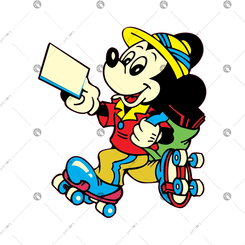 Mickey Mouse running after roller skating legs with letters in hand vector cartoon