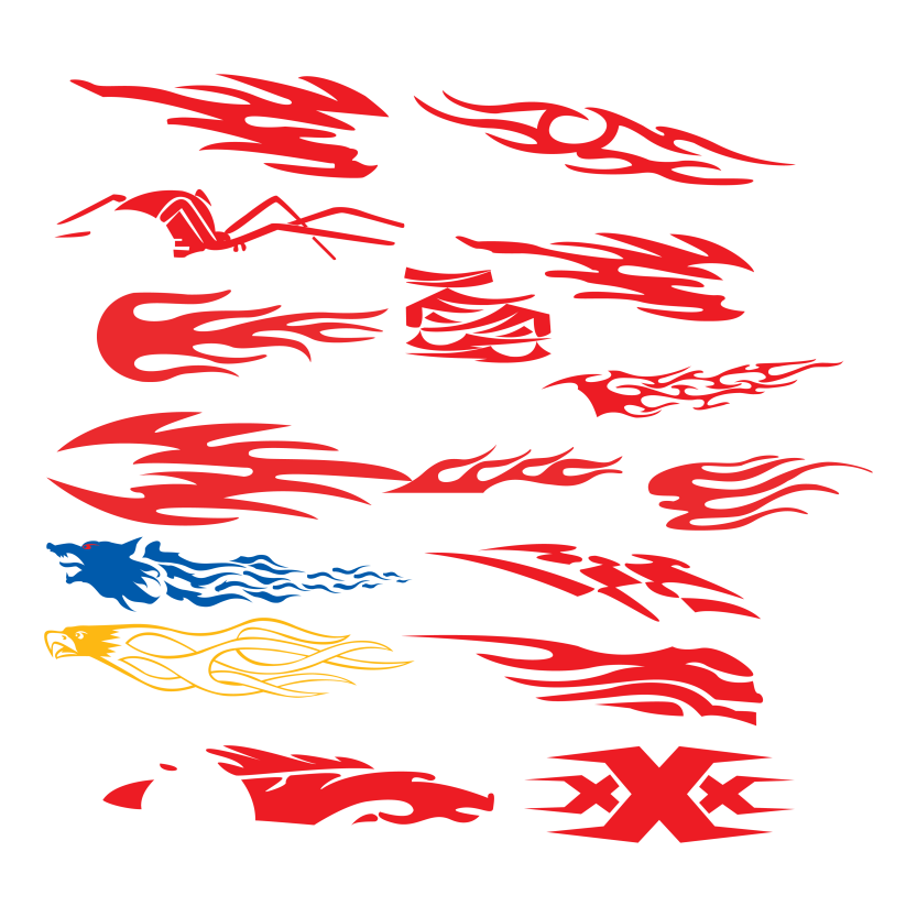 Beautiful Flaming Symbols of Tribal Style Vector Design Symmetry Tattoo Set for Different Vehicles Such as Motorcycle, Bus, Truck and Private Car