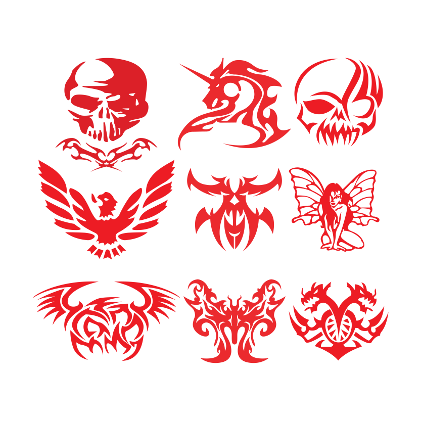 Fantastic Fiery Symbol of Symmetrical Tattoo Set of Man, Human Head, Eagle and Dragon in Tribal Style Vector Design
