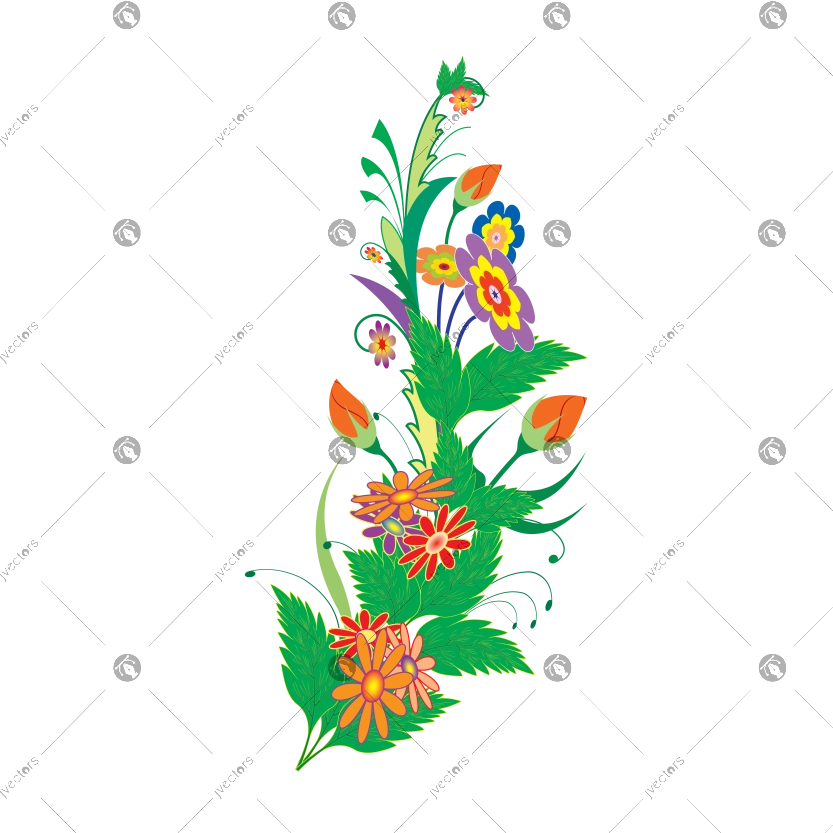 Petrykivka Composition with Green, Red and Yellow Flowers Ukrainian Folk Art Beautiful Vector Floral Corner Design Ukrainian Traditional Style Painting, Flowers, Leaves Apona Illustration