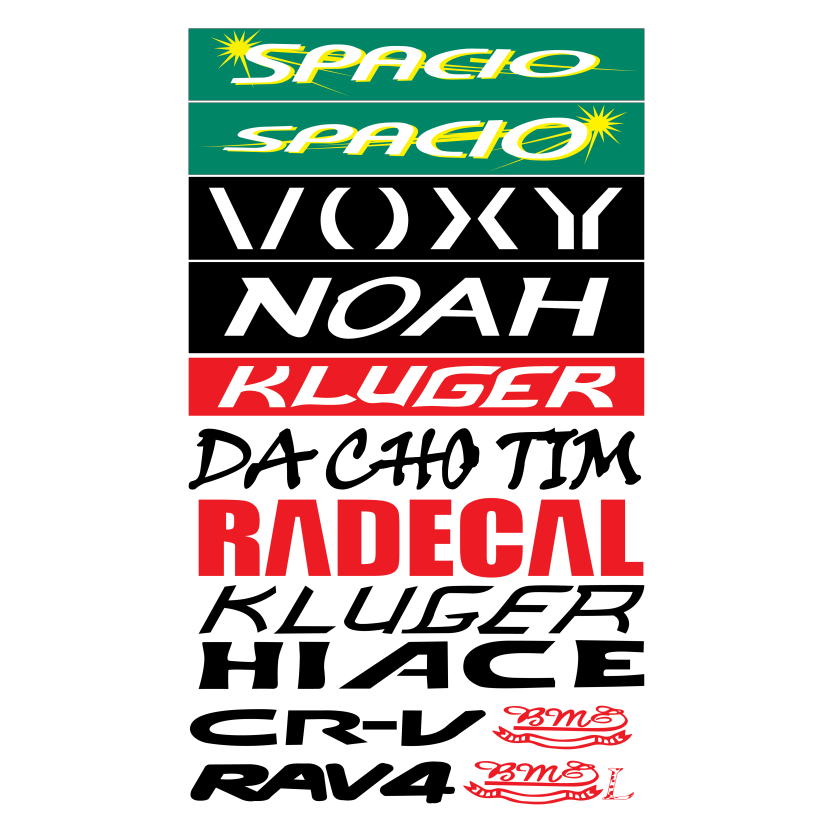 Spacio, Voxy, Noah, Kluger, Da Cho Tim, Radecal, Kluger, Hiace, Crv, rav4 and Bms Graffiti Text Design Vector Design Tattoo Set for Different Vehicles Such as Motorcycle, Bus, Truck and Private Car