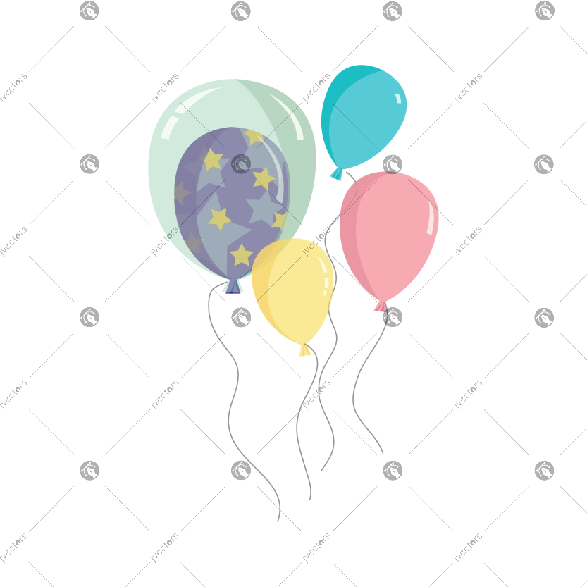 Clip art illustration of colorful helium party balloons tied with a ribbon
