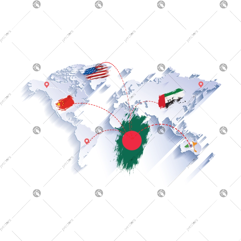 Global Routes Martyr Day Vector Map with Flag America, China, Bangladesh