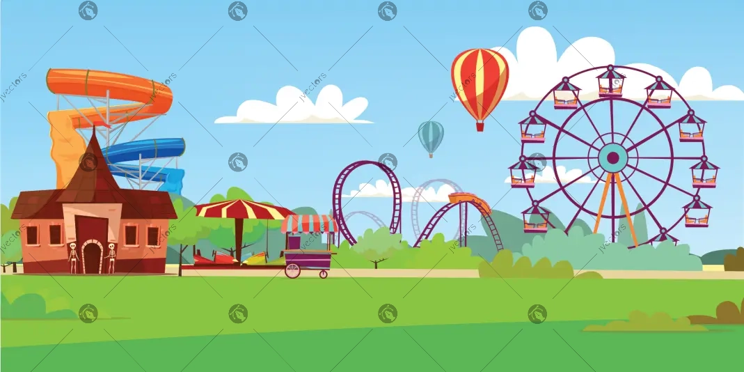 Landscape illustration flat design giant wheel or wheel, amazing colorful ferris wheel in amusement