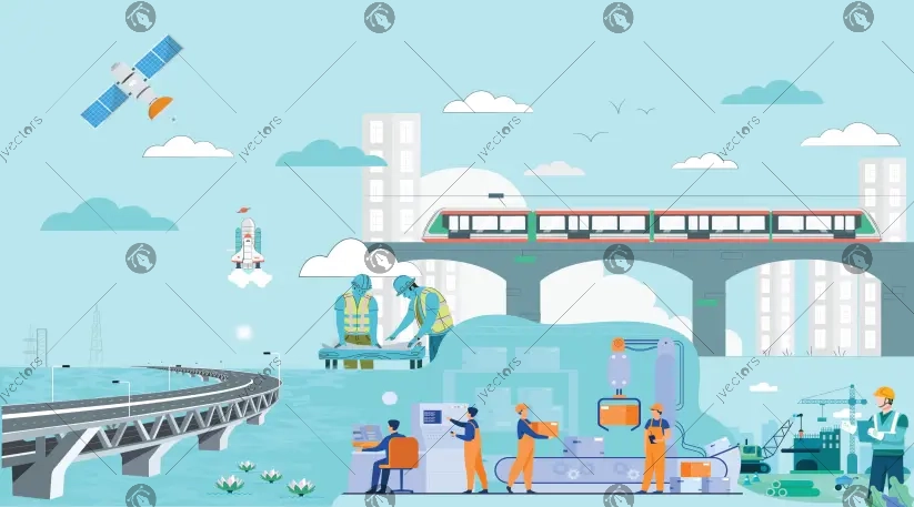 Technology satellite, metrorail, Padma Bridge, engineer, transportation river vector