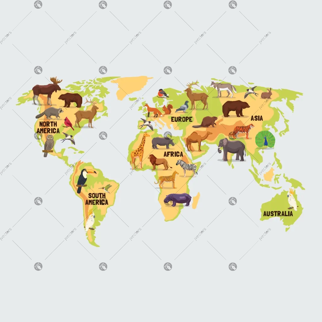Different types of animals around the world on the map vector