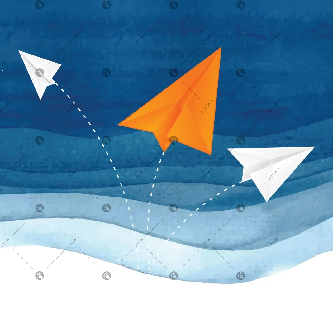 Paper airplane circle orange airplane flying business leadership concept